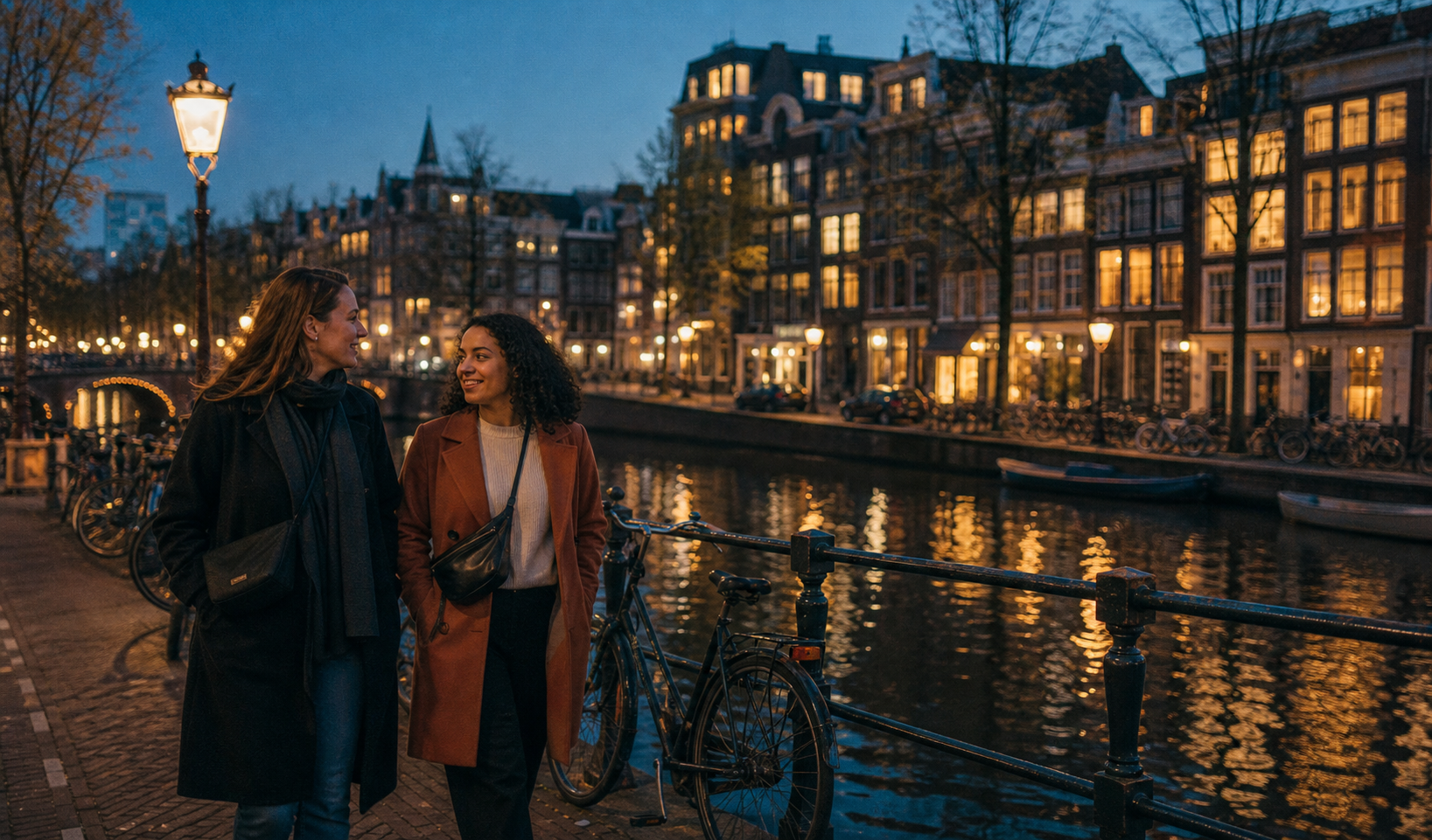 Two friends walking beside an Amsterdam canal in the evening